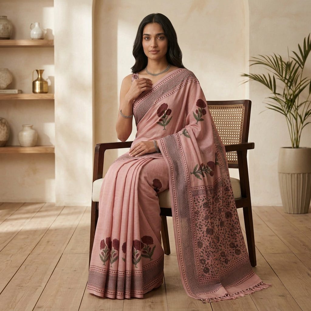 Dusty Rose Floral Linen Cotton Saree