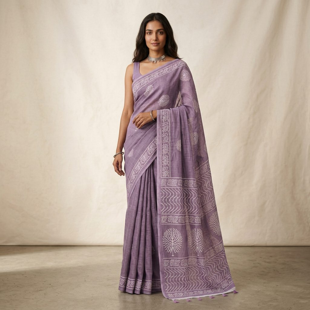 Lavender Botanical Linen Cotton Saree