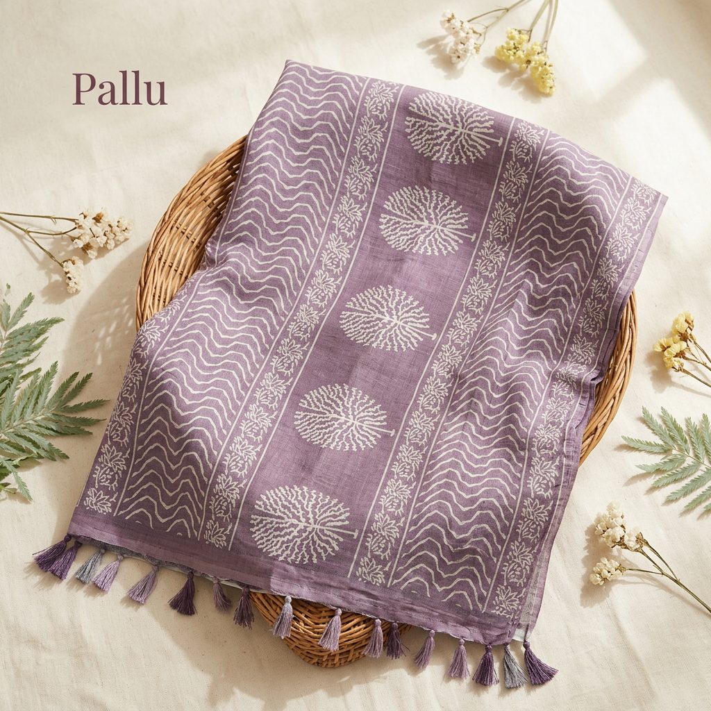 Lavender Botanical Linen Cotton Saree