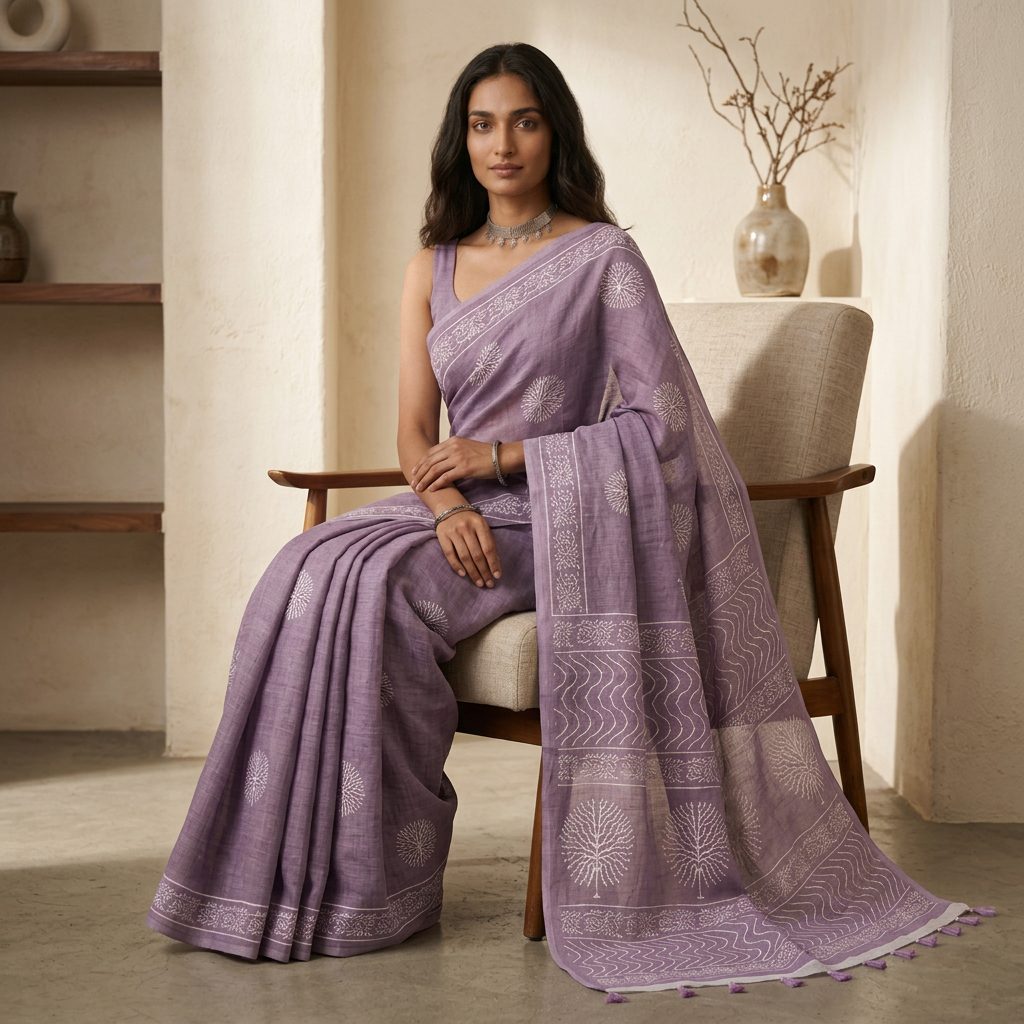 Lavender Botanical Linen Cotton Saree