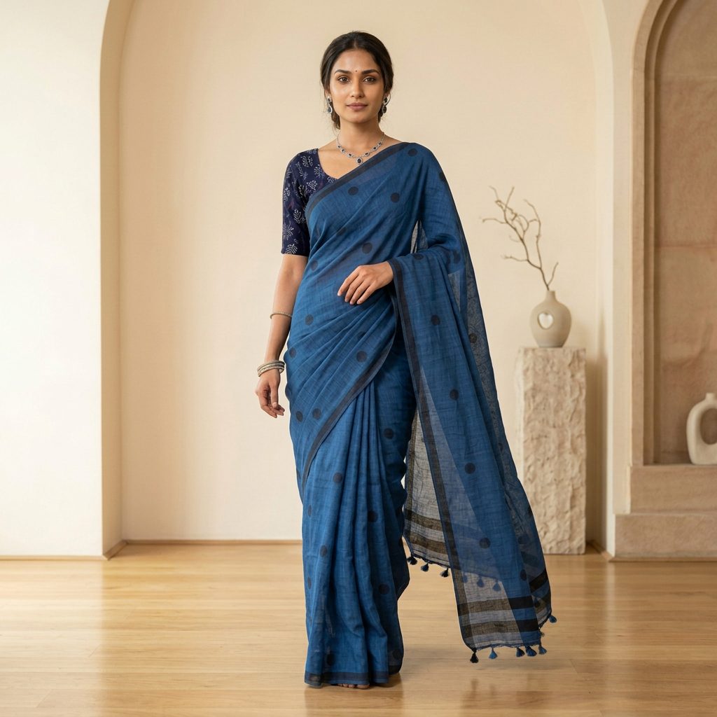 Indigo Blue Polka Dot Linen Cotton Saree