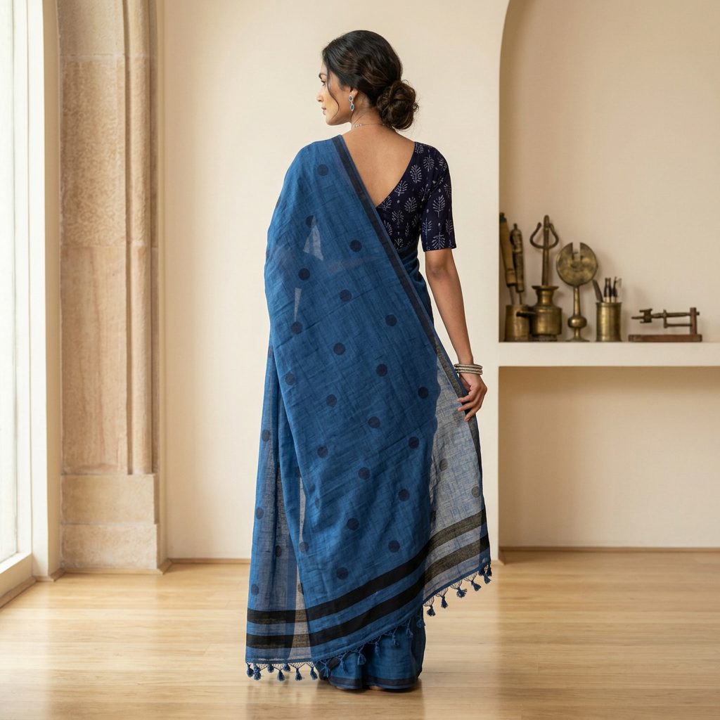 Indigo Blue Polka Dot Linen Cotton Saree