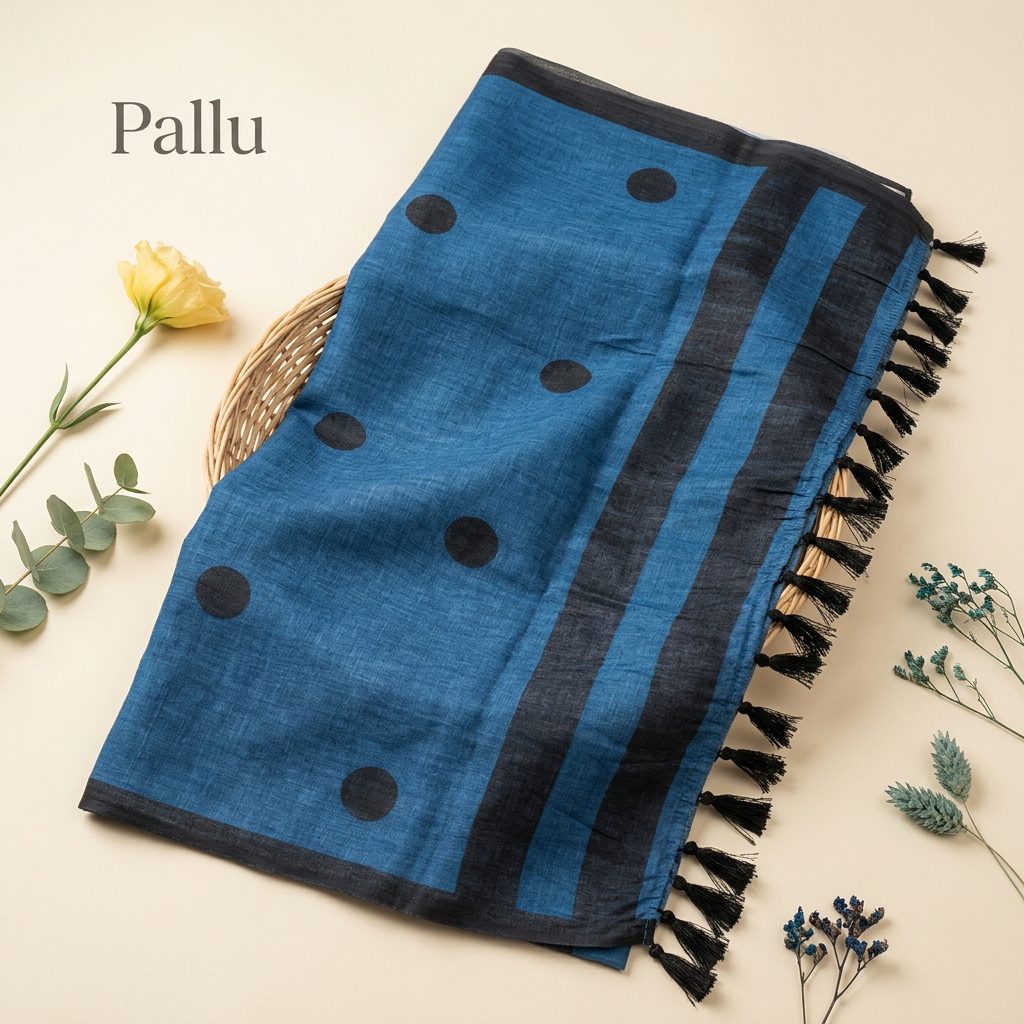 Indigo Blue Polka Dot Linen Cotton Saree