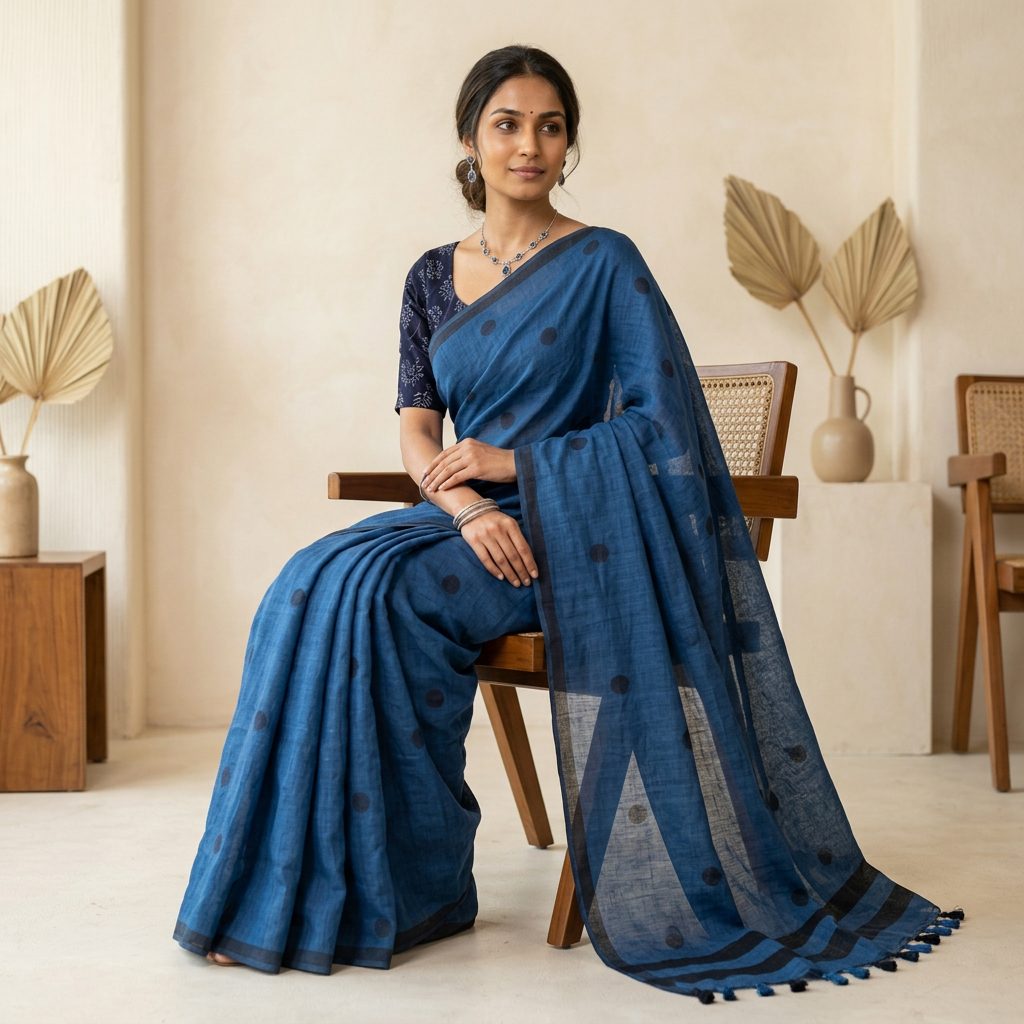 Indigo Blue Polka Dot Linen Cotton Saree