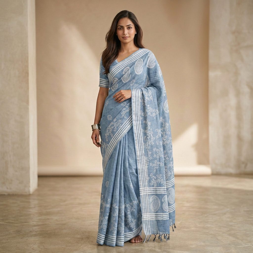 Serene Blue Linen Cotton Saree
