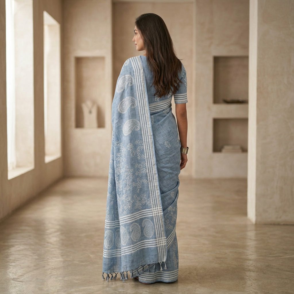 Serene Blue Linen Cotton Saree