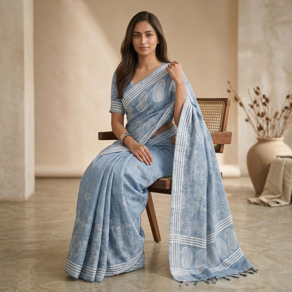 Serene Blue Linen Cotton Saree