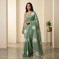 Pista Sage Bloom Linen Cotton Saree