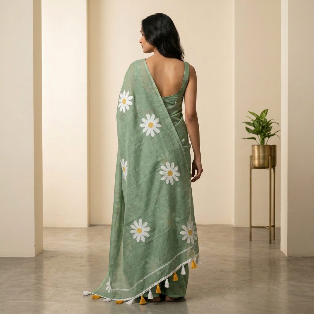 Pista Sage Bloom Linen Cotton Saree