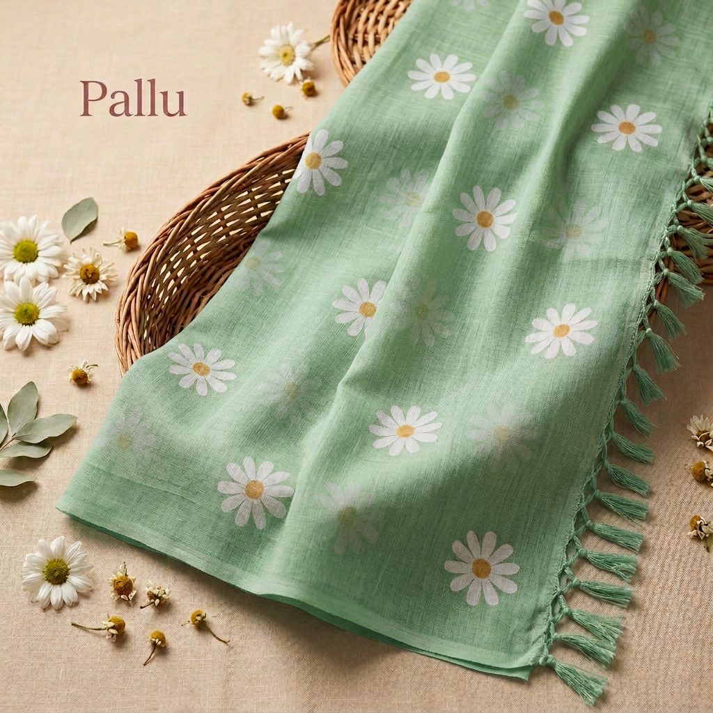 Pista Sage Bloom Linen Cotton Saree