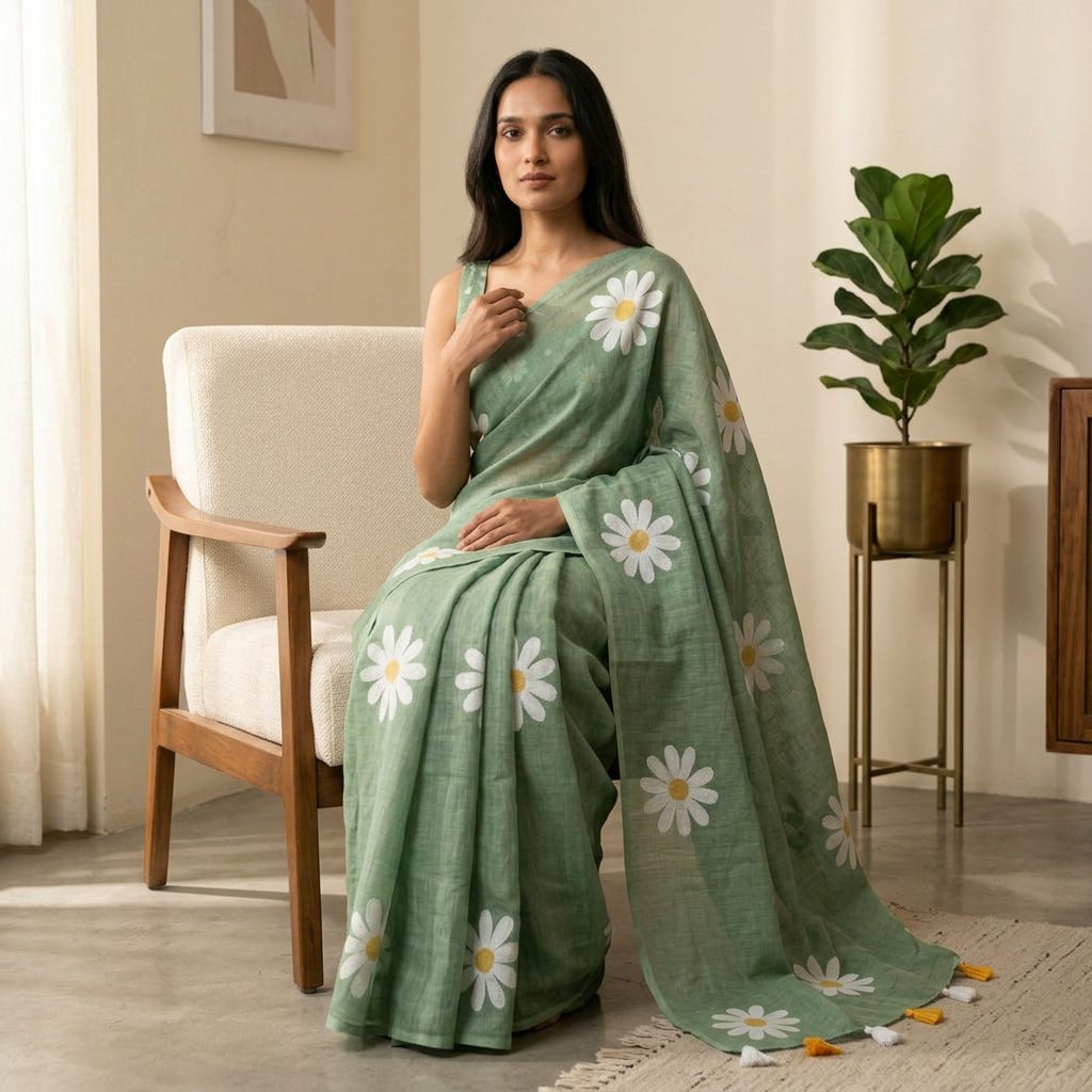 Pista Sage Bloom Linen Cotton Saree