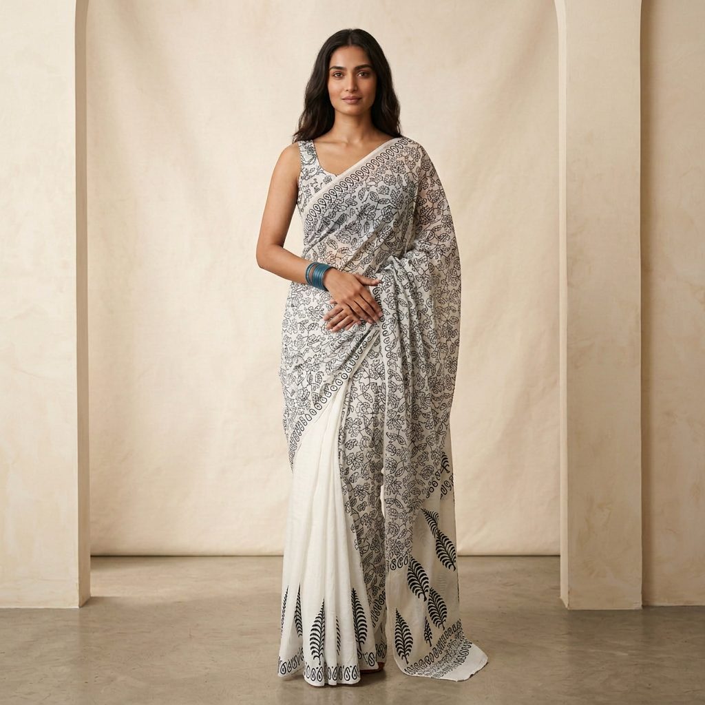Ivory & Indigo Botanical Linen Cotton Saree