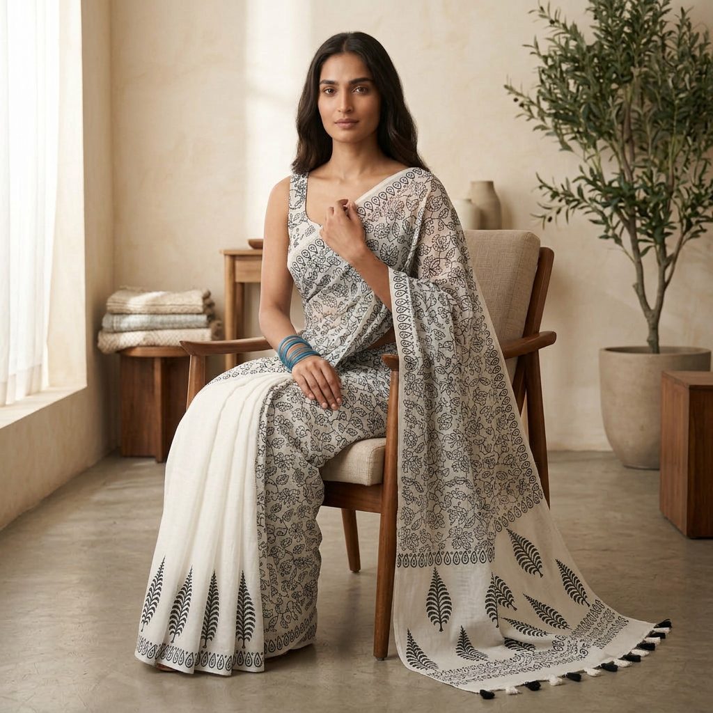 Ivory & Indigo Botanical Linen Cotton Saree