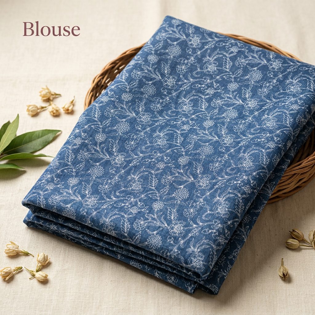 Midnight Blue Floral Linen Cotton Saree