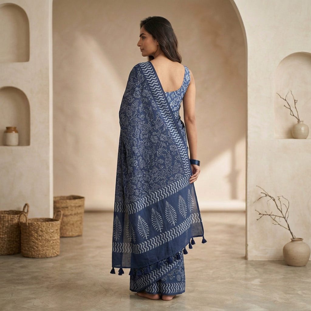 Midnight Blue Floral Linen Cotton Saree