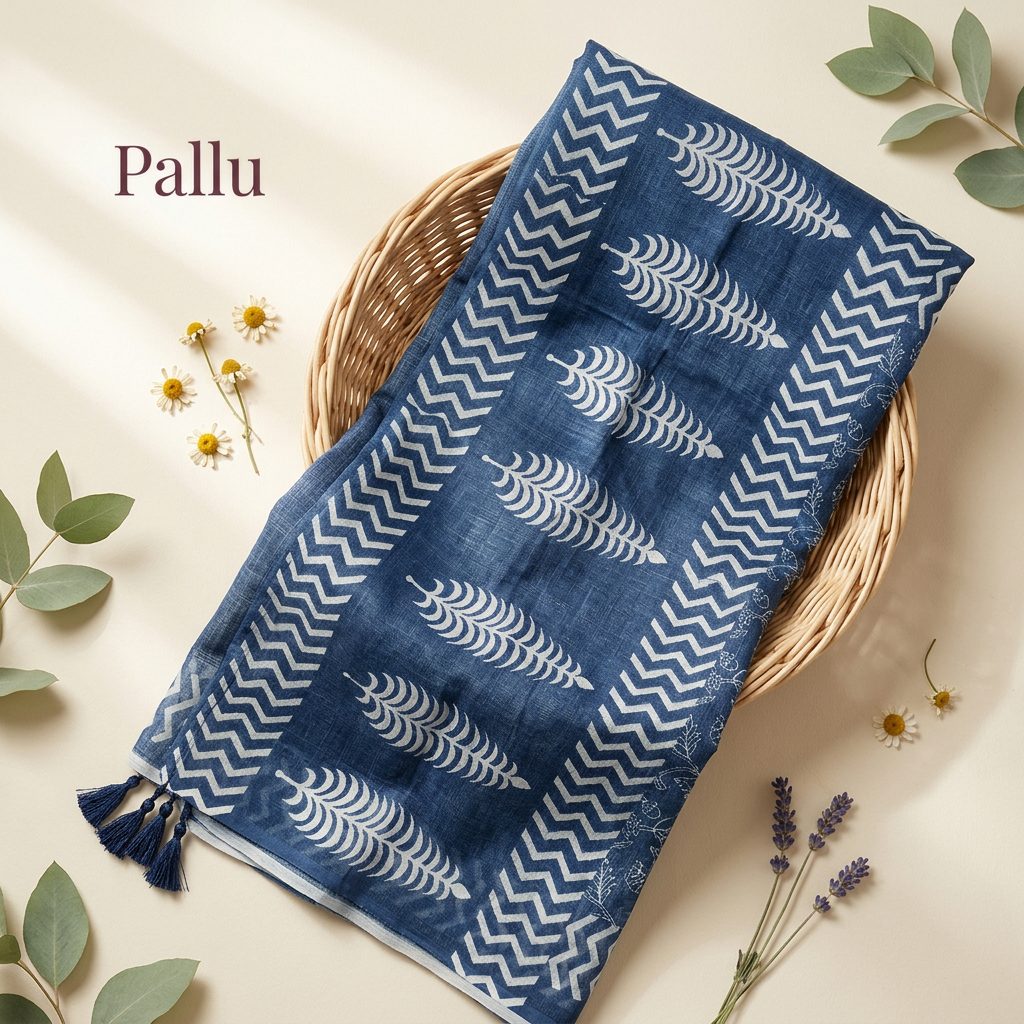 Midnight Blue Floral Linen Cotton Saree