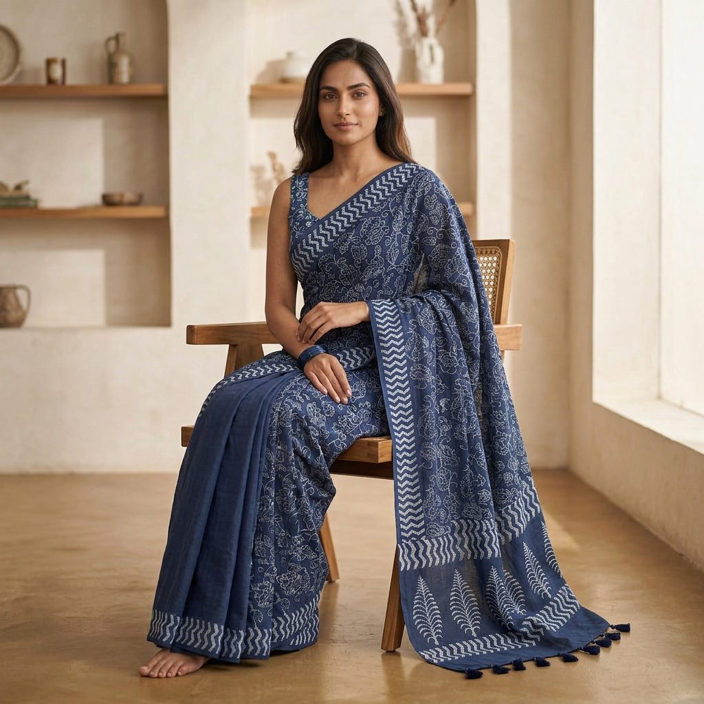 Midnight Blue Floral Linen Cotton Saree