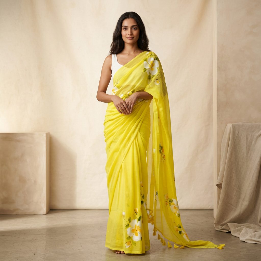 Sunshine Yellow Floral Linen Cotton Saree