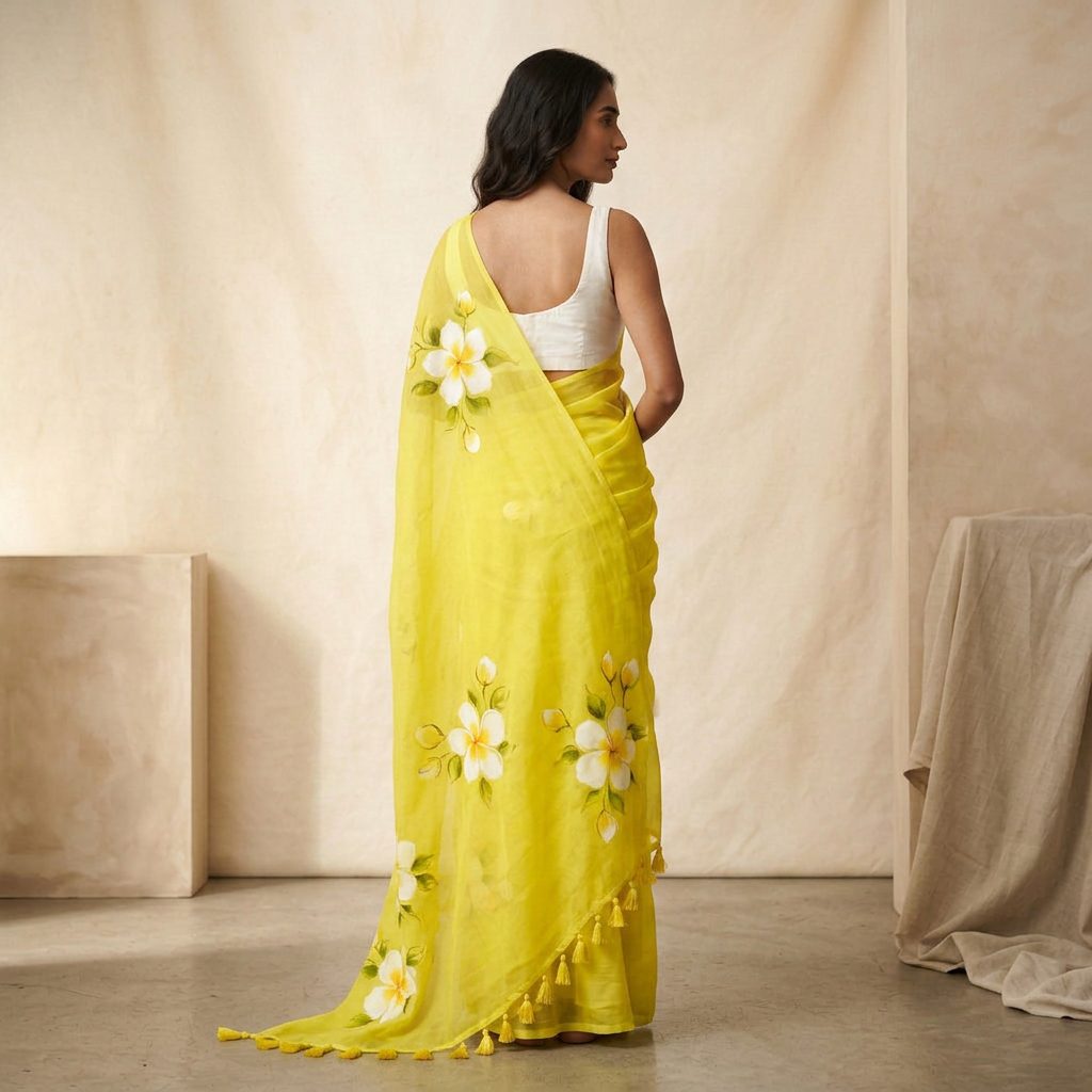 Sunshine Yellow Floral Linen Cotton Saree