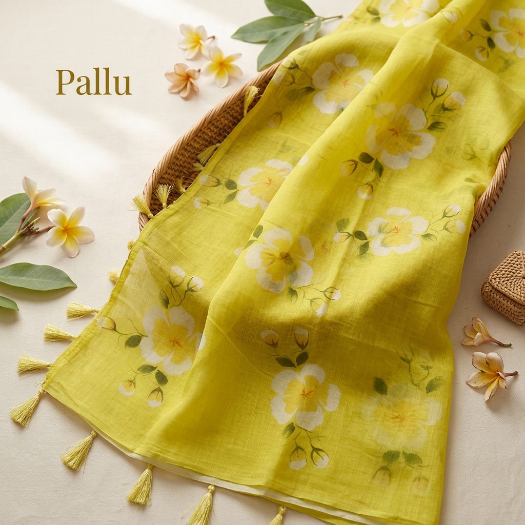 Sunshine Yellow Floral Linen Cotton Saree