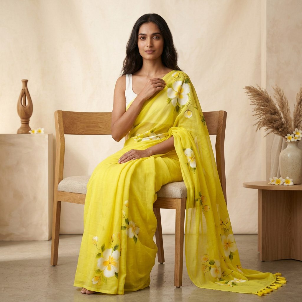 Sunshine Yellow Floral Linen Cotton Saree