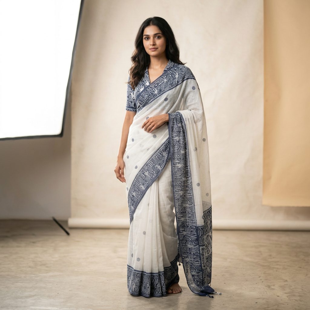 Ivory & Indigo Printed Linen Cotton Saree