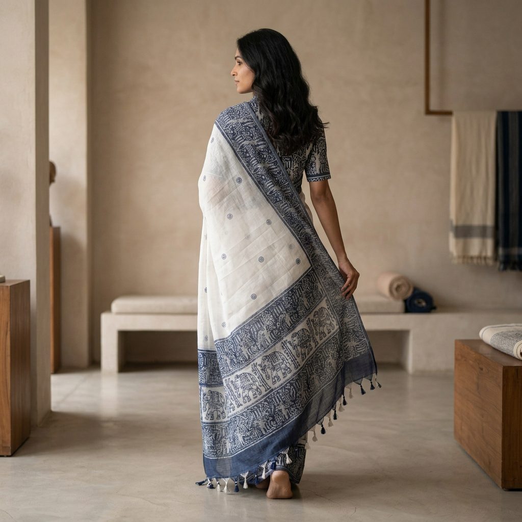Ivory & Indigo Printed Linen Cotton Saree