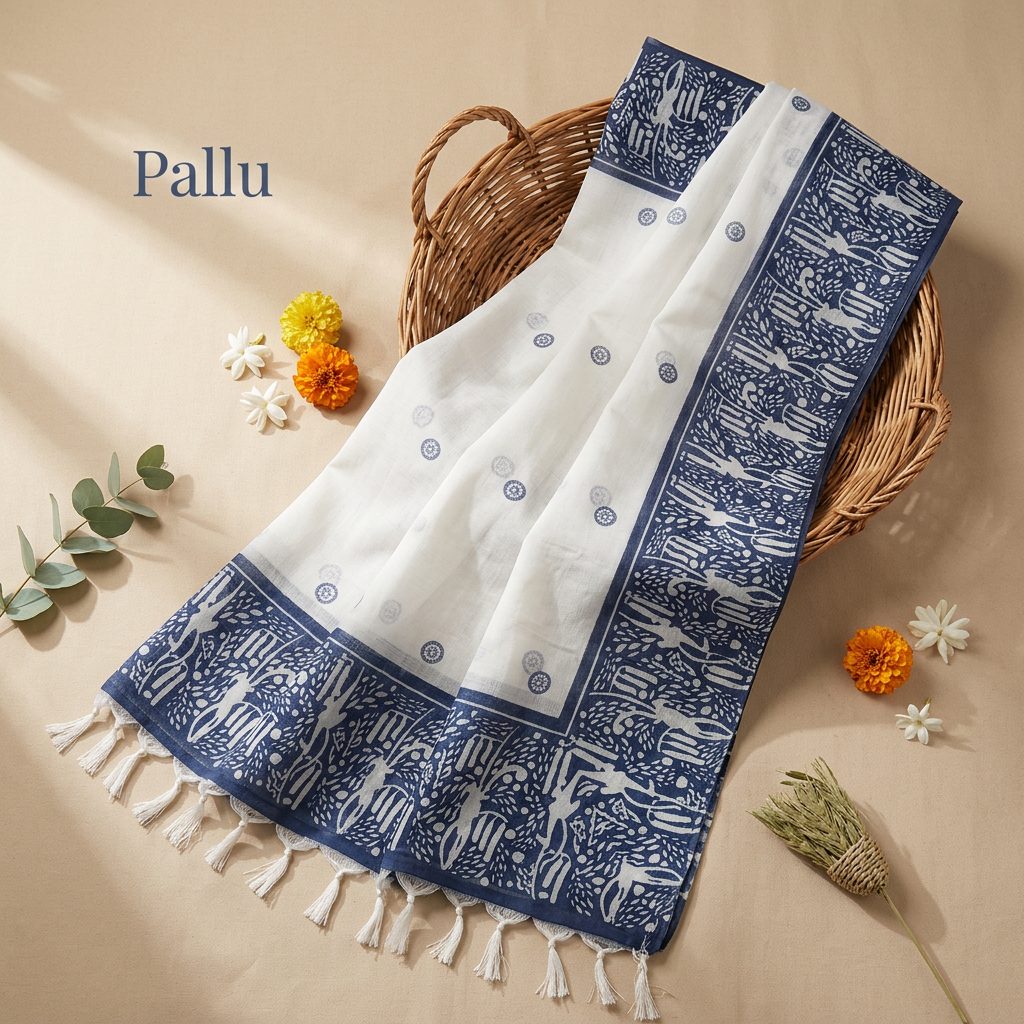 Ivory & Indigo Printed Linen Cotton Saree