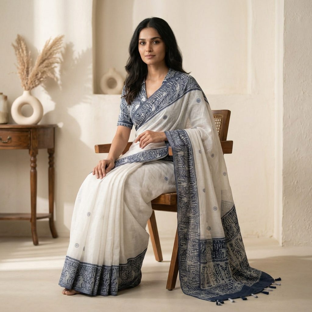 Ivory & Indigo Printed Linen Cotton Saree