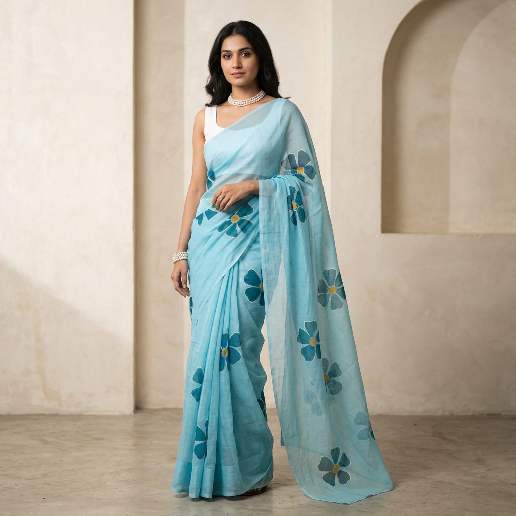 Sky Blue Linen Cotton Saree with Floral Motifs