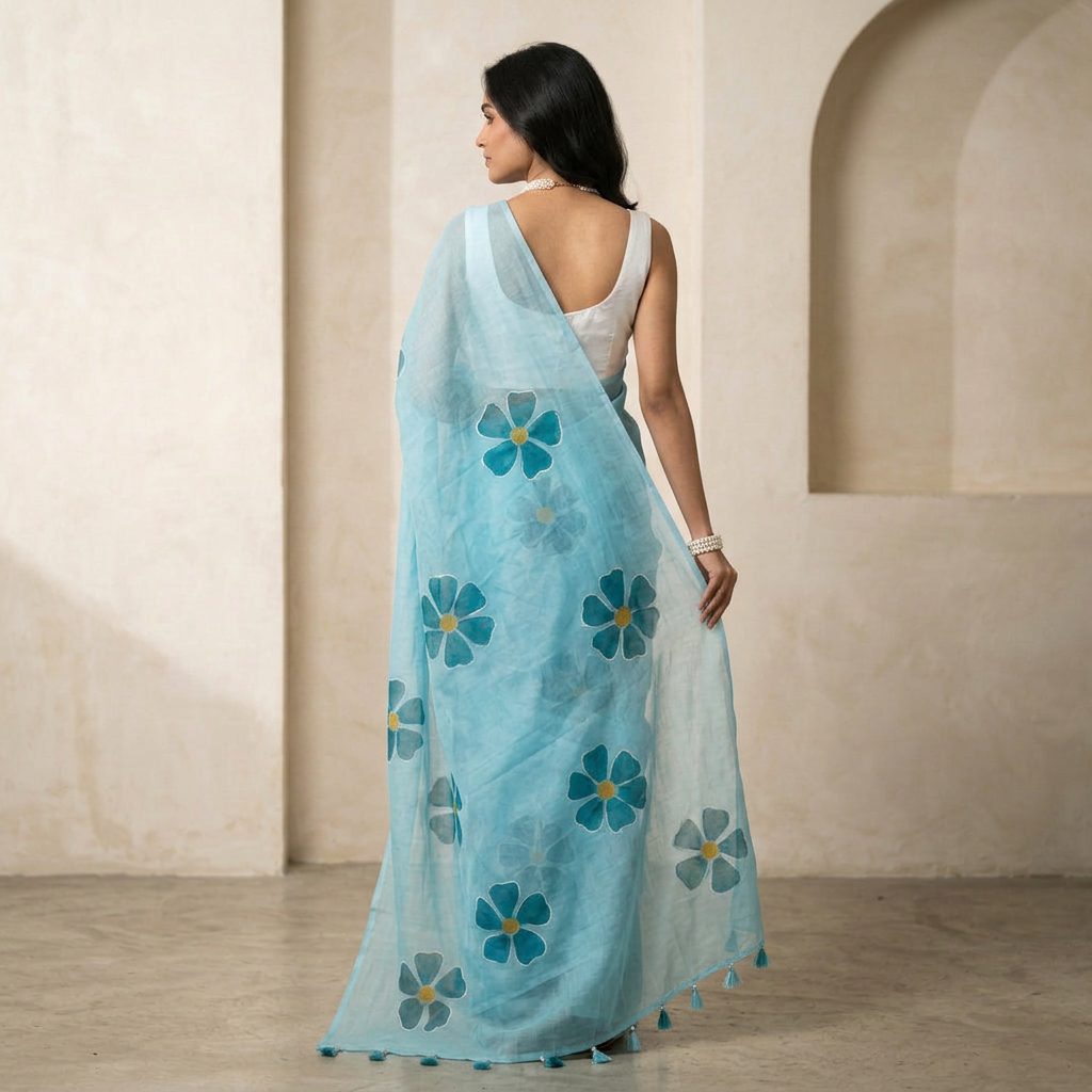 Sky Blue Linen Cotton Saree with Floral Motifs