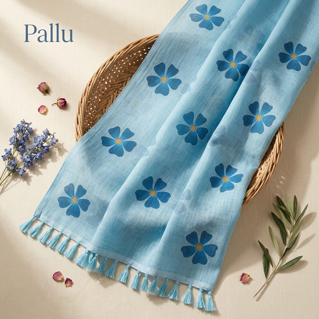 Sky Blue Linen Cotton Saree with Floral Motifs