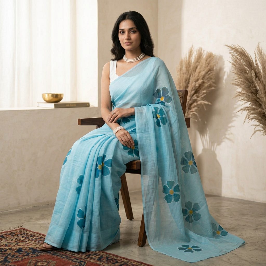 Sky Blue Linen Cotton Saree with Floral Motifs