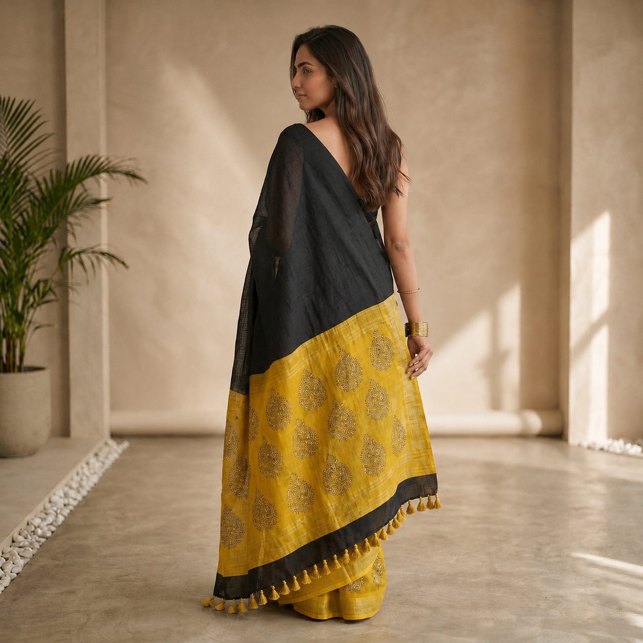 Black & Mustard Yellow Linen Cotton Saree
