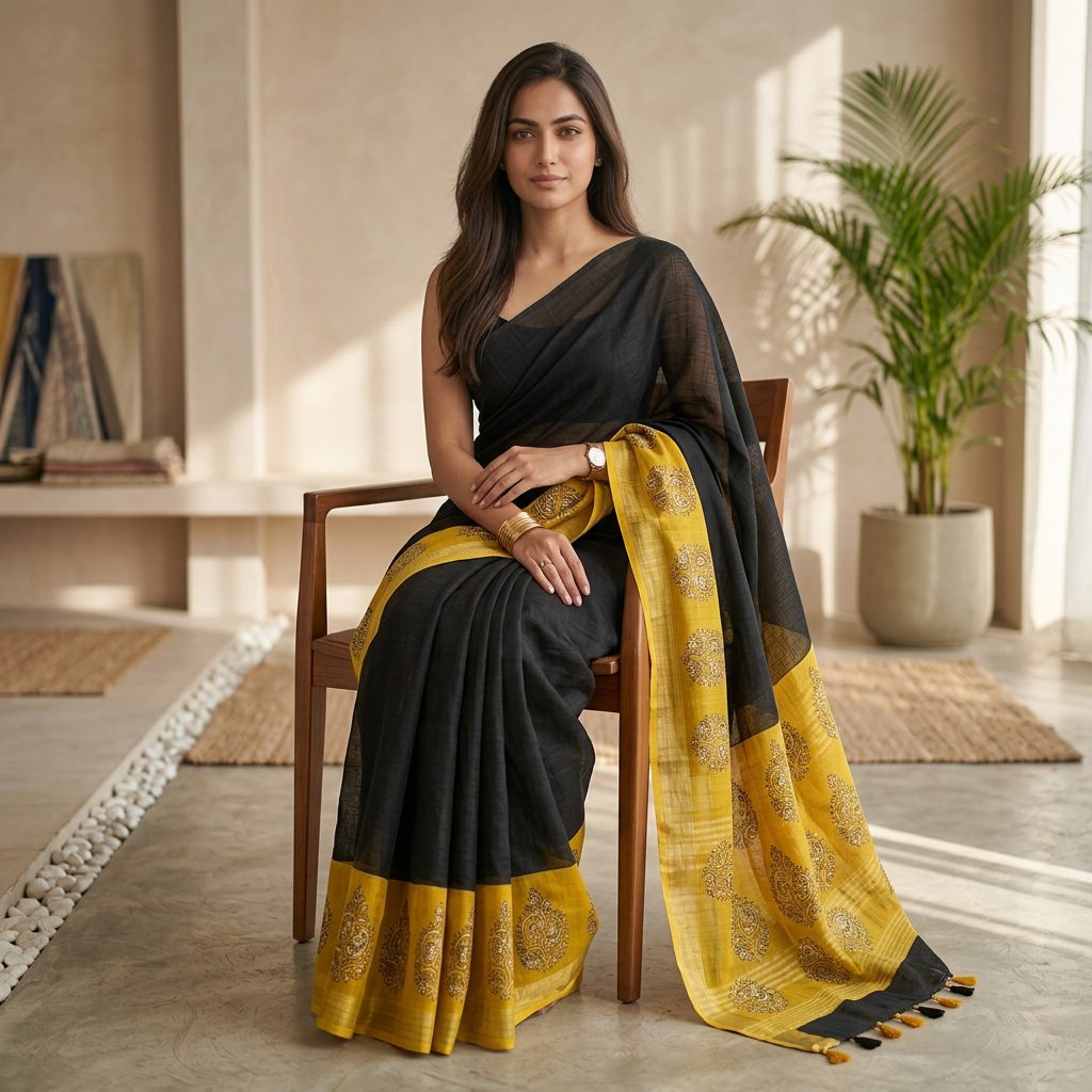 Black & Mustard Yellow Linen Cotton Saree