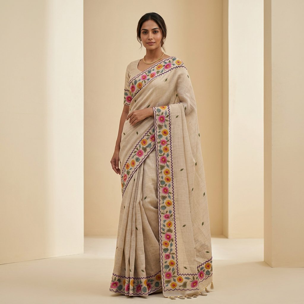 Beige Floral printeed Linen Cotton Saree