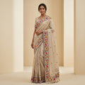 Beige Floral printeed Linen Cotton Saree