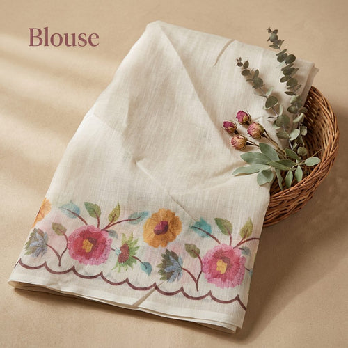 Beige Floral printeed Linen Cotton Saree