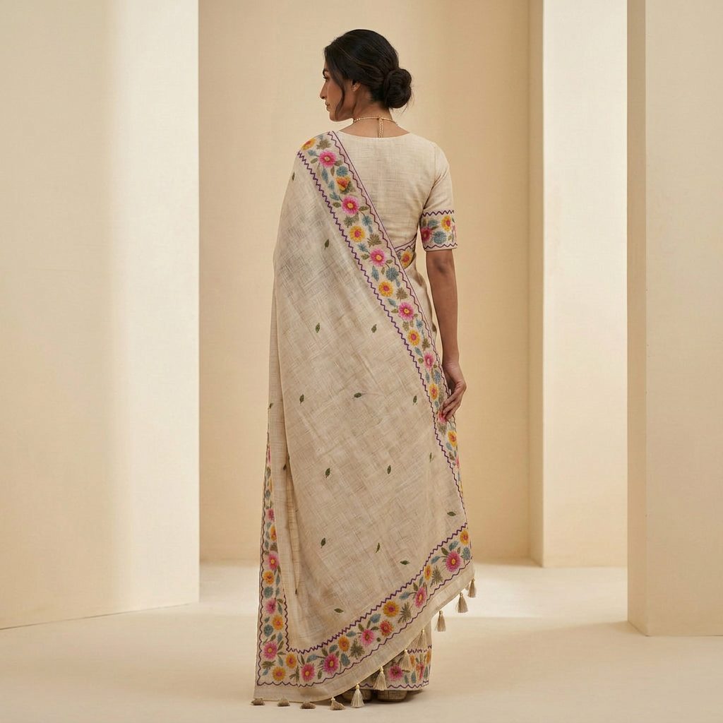 Beige Floral printeed Linen Cotton Saree