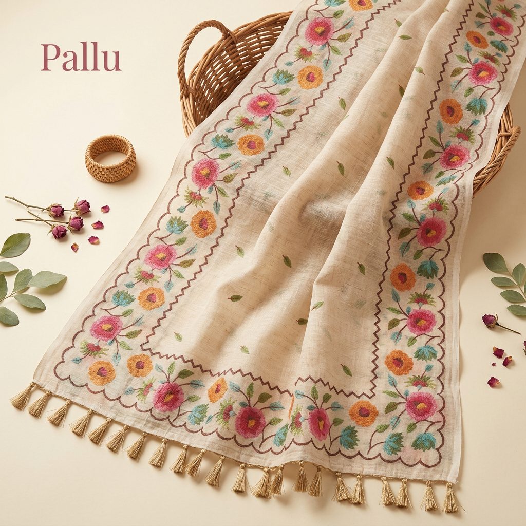 Beige Floral printeed Linen Cotton Saree