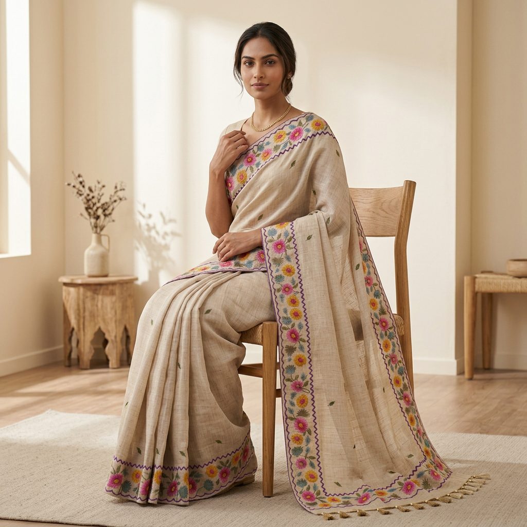 Beige Floral printeed Linen Cotton Saree