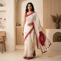 Ivory & Maroon Motif Linen Cotton Saree