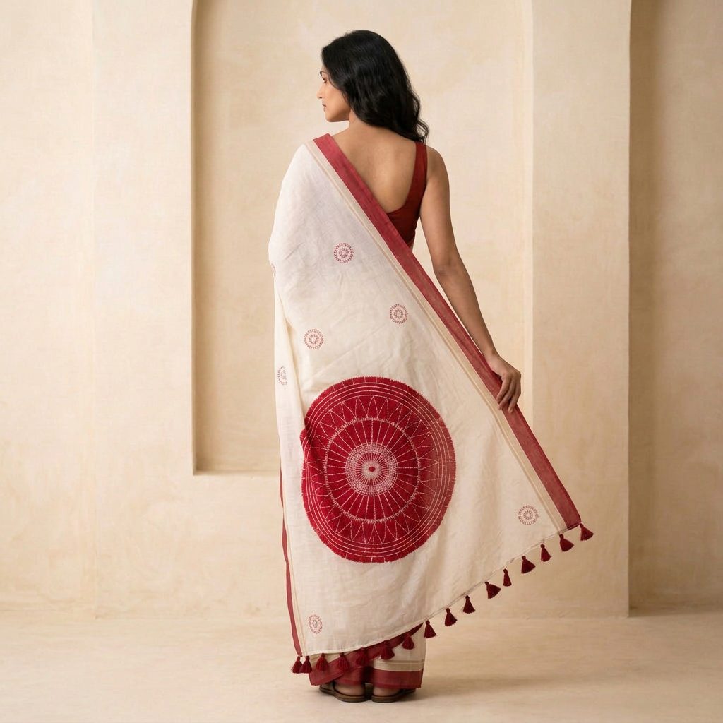 Ivory & Maroon Motif Linen Cotton Saree