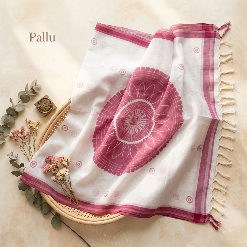 Ivory & Maroon Motif Linen Cotton Saree