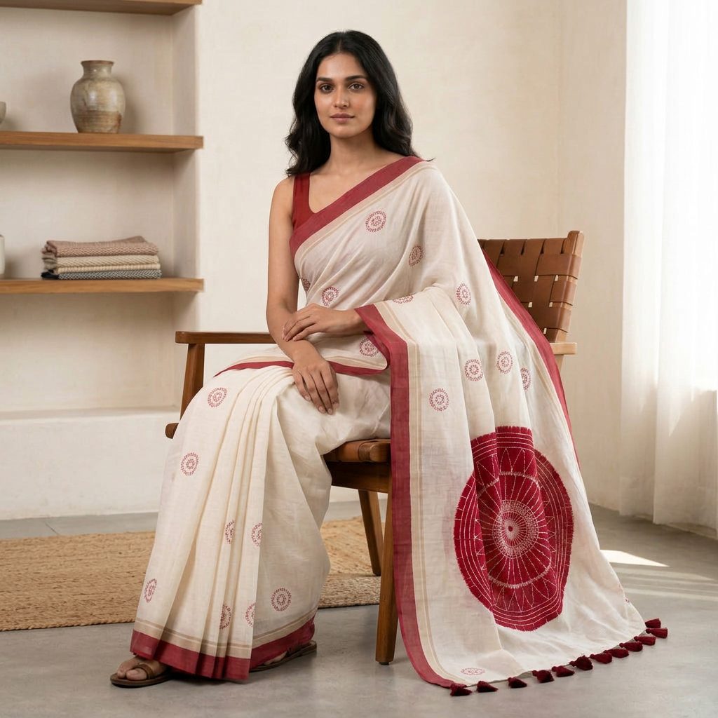 Ivory & Maroon Motif Linen Cotton Saree