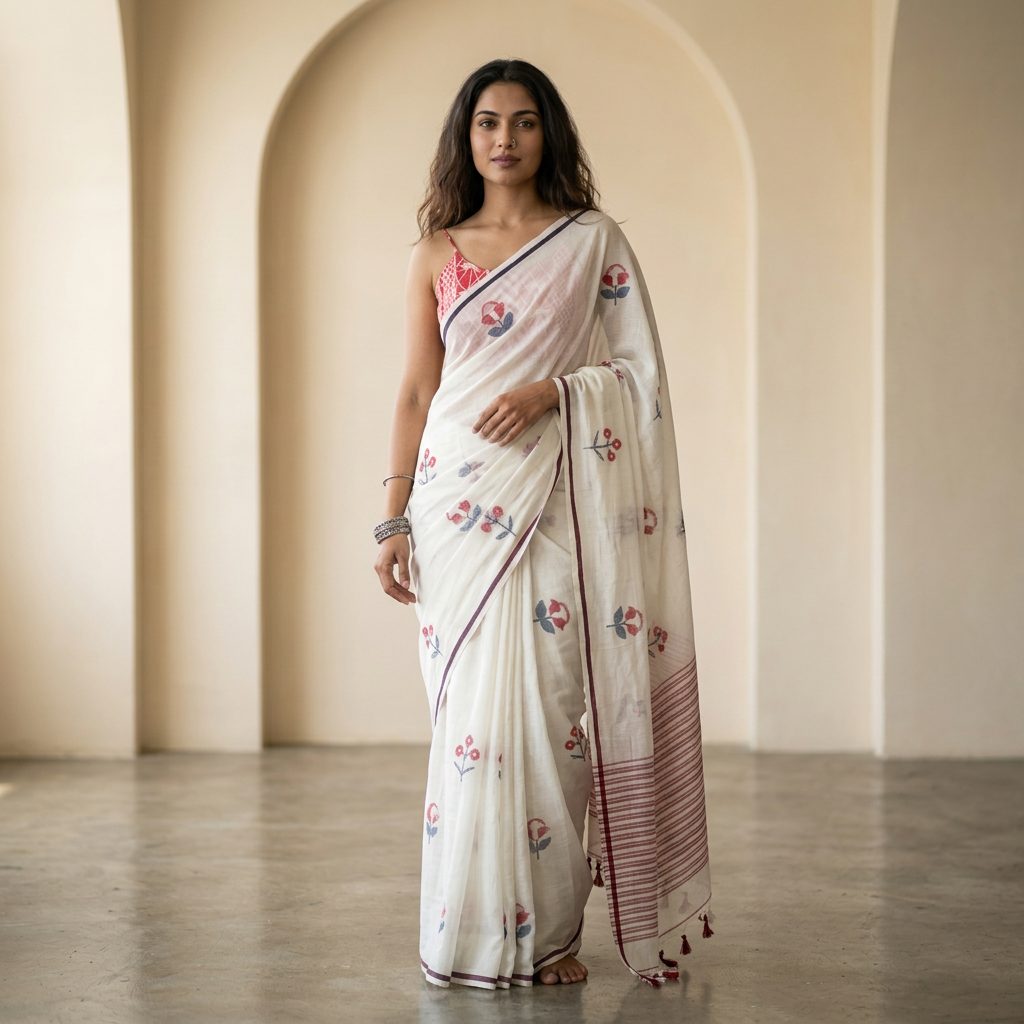 Ivory Floral Linen Cotton Saree