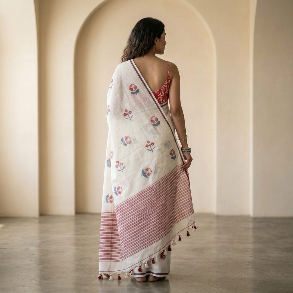 Ivory Floral Linen Cotton Saree
