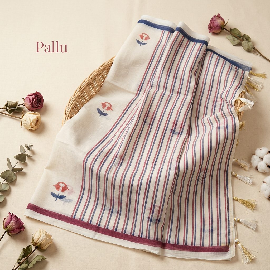 Ivory Floral Linen Cotton Saree