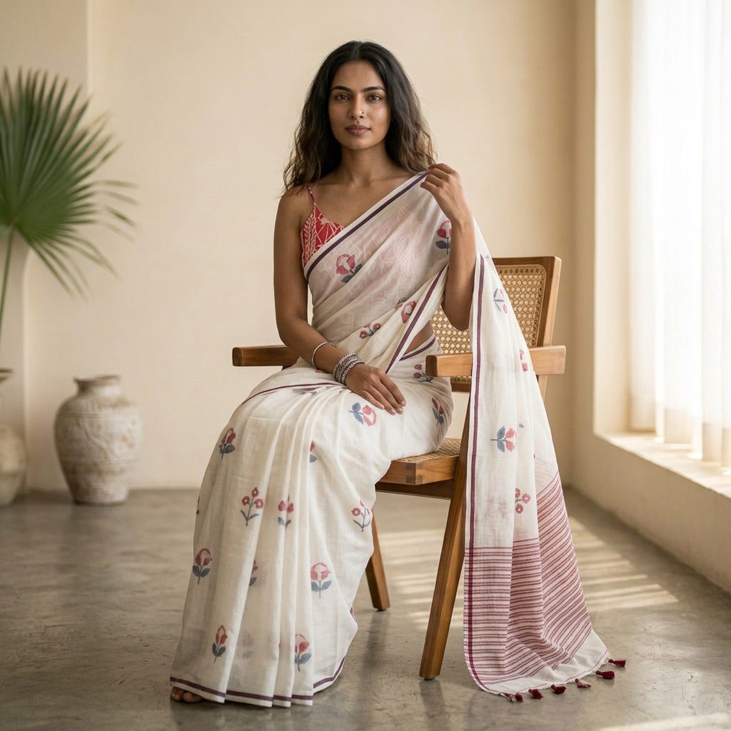 Ivory Floral Linen Cotton Saree