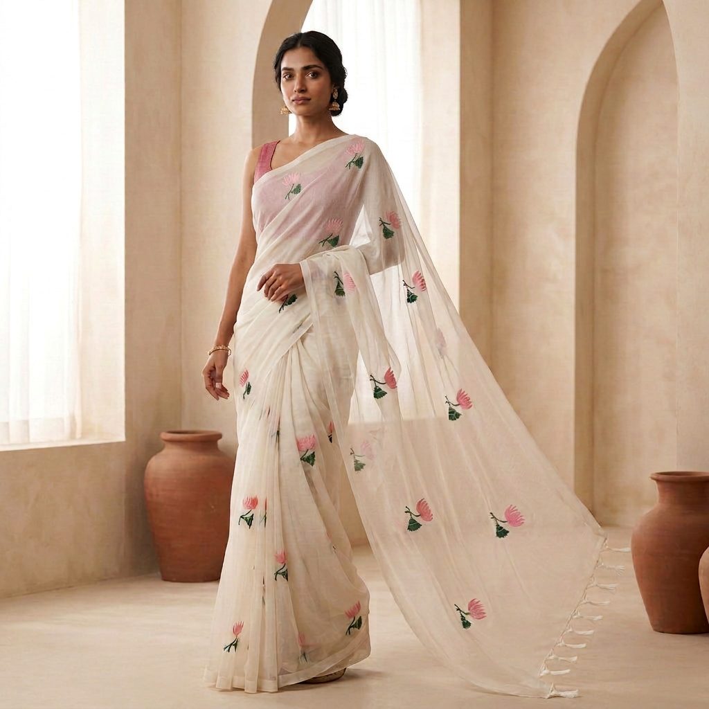 Ivory Pink Floral Linen Cotton Saree